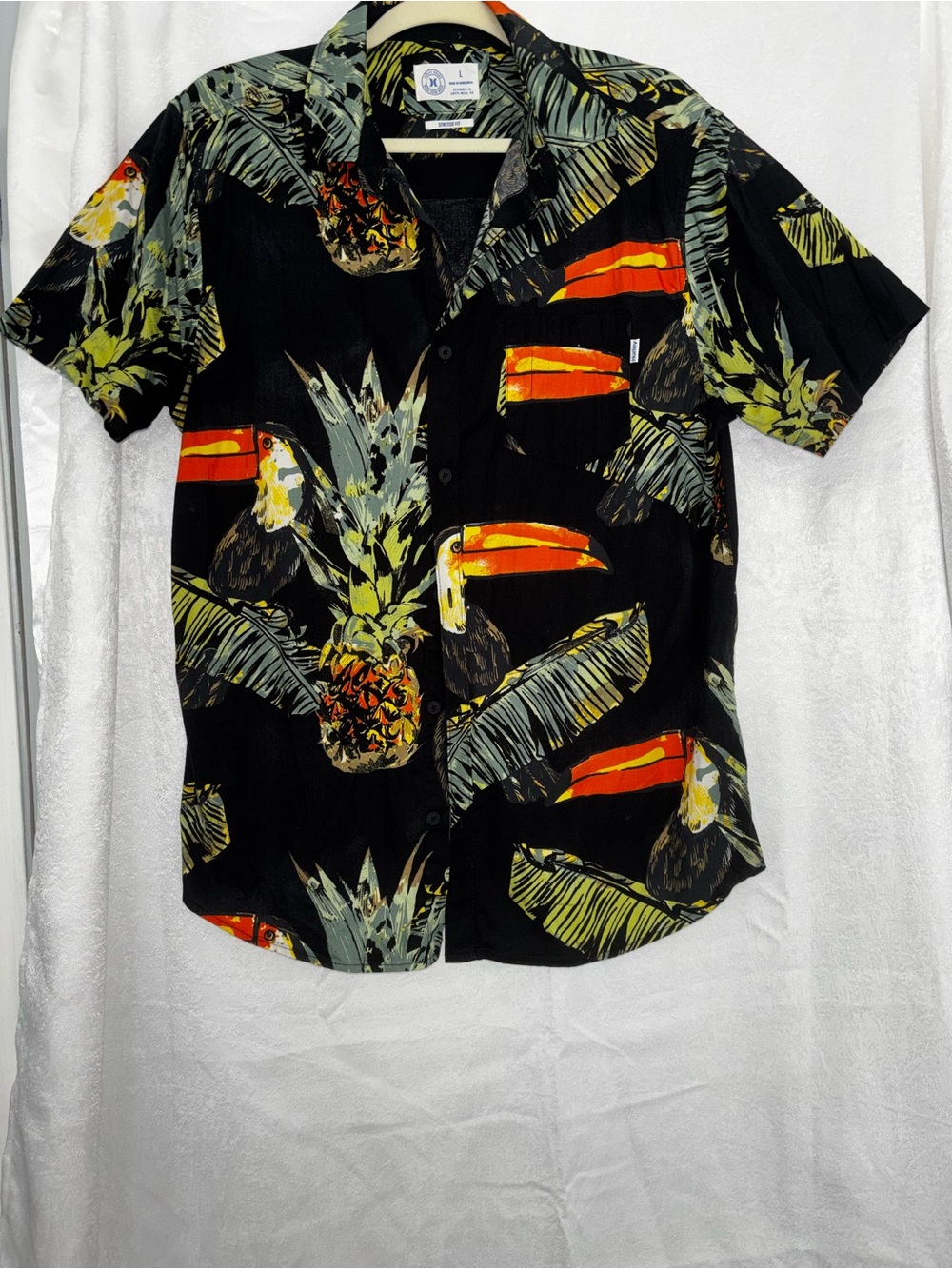 Hurley Black Tropical Toucan Print Short-Sleeve Shirt with Orange Accents